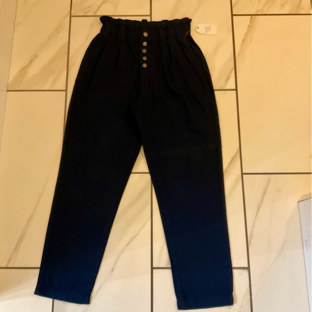 Navy Blue Cinched High-Waisted Pants with Button Fly Detail